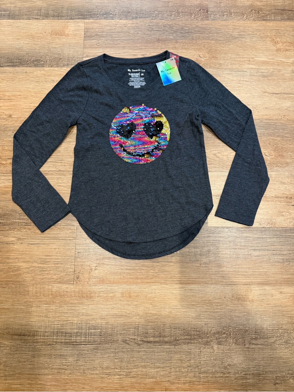 Girls' Dark Gray Long Sleeve Sequin Emoji Top
